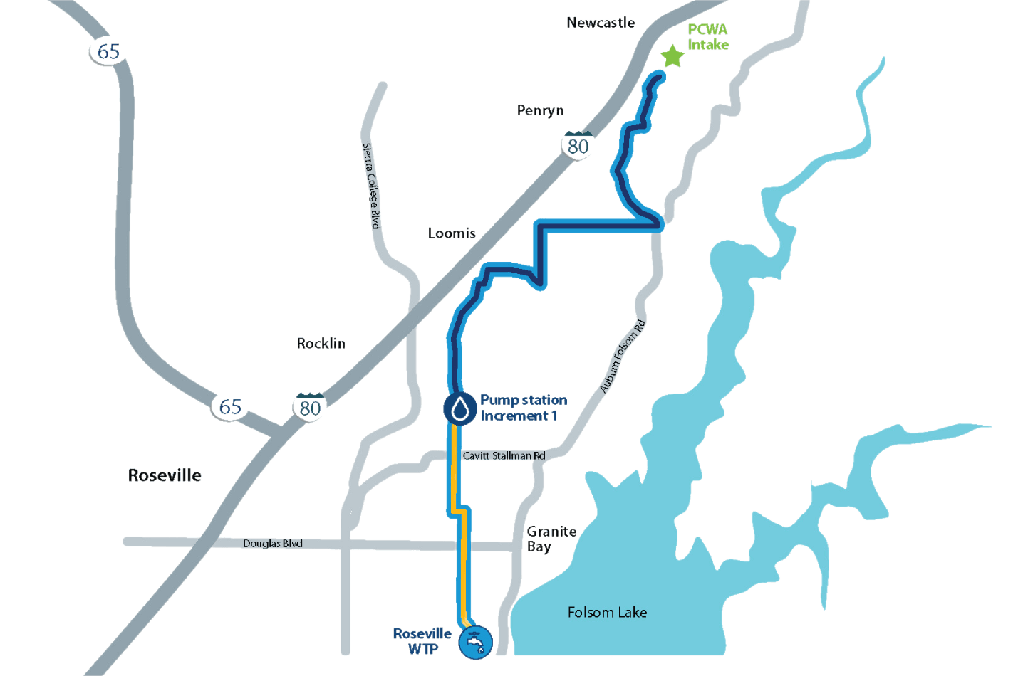 Map illustrating the PCWA-Roseville water supply pipeline